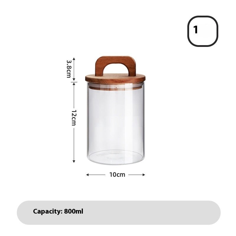 Multi-purpose Japanese grain tank showing transparent glass body and natural wood sealing cover