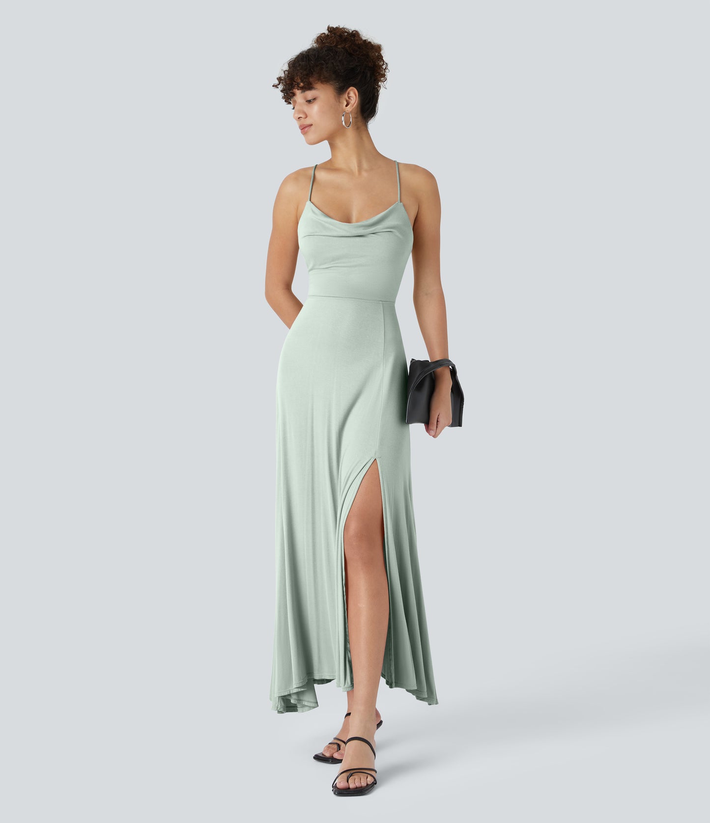 Elegant Ribbed Cowl Neck Backless Crisscross Lace-Up Split Midi Party Dress