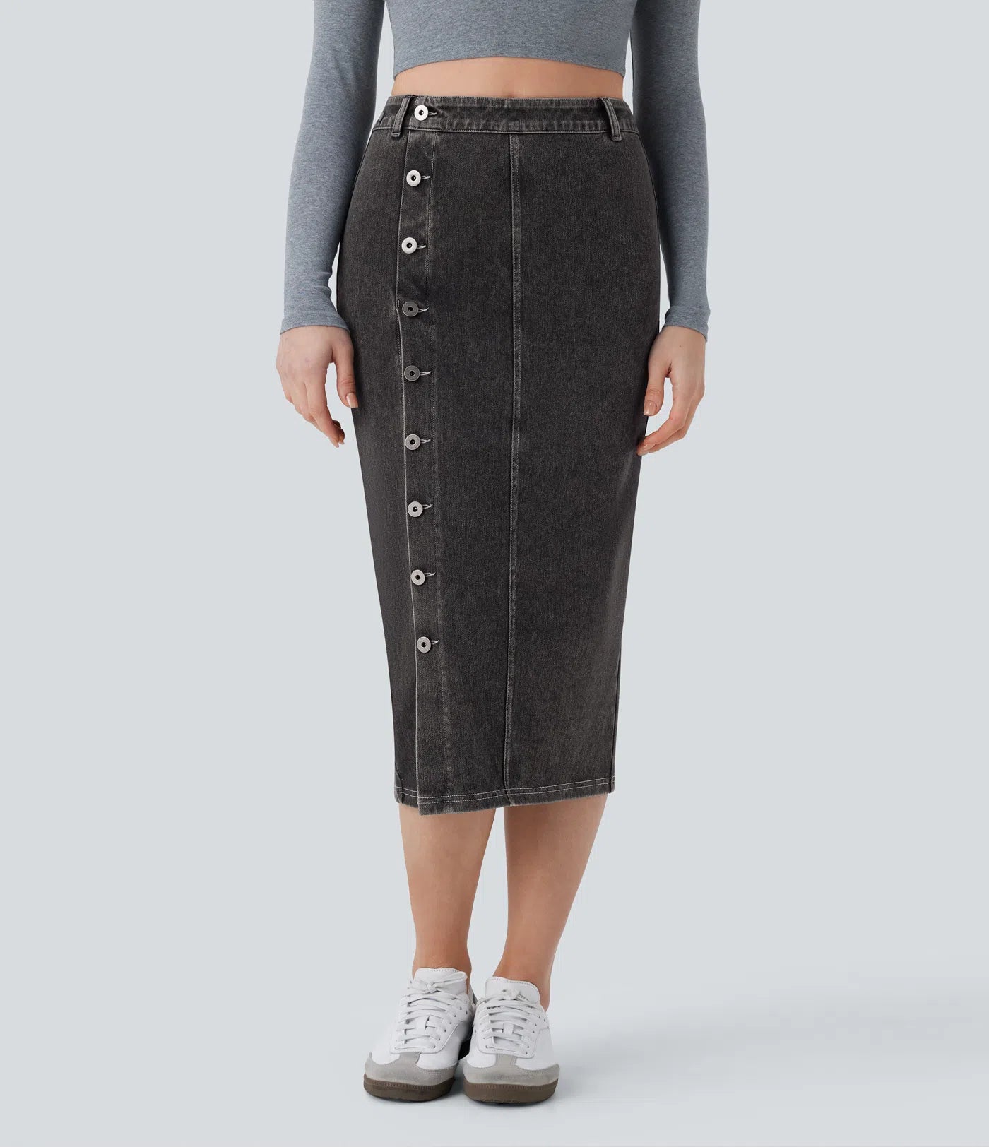 Halara Flex High-Waisted Stretchy Knit Denim Midi Skirt with Front Buttons