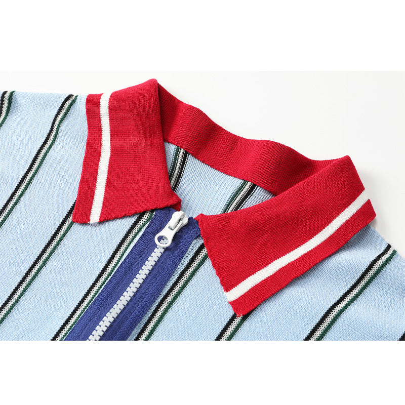 Fashionable Knitting Design Sense Niche Polo Collar Striped T-shirt For Women
