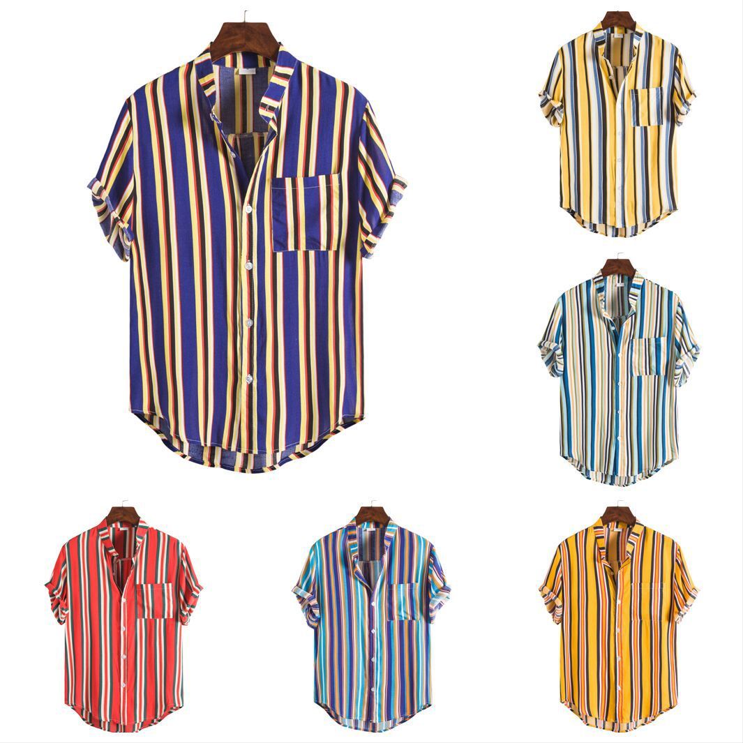 Men's Striped Short Sleeve Shirt Fashion Casual Large Size Stand Collar Shirt Men