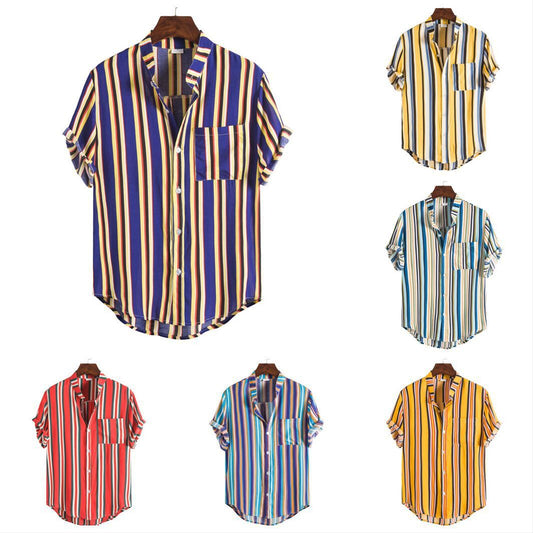 Men's Striped Short Sleeve Shirt Fashion Casual Large Size Stand Collar Shirt Men
