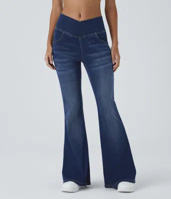 Halara Flex V Neck Side Pocket Washed Stretchy Knit Denim Casual Overalls