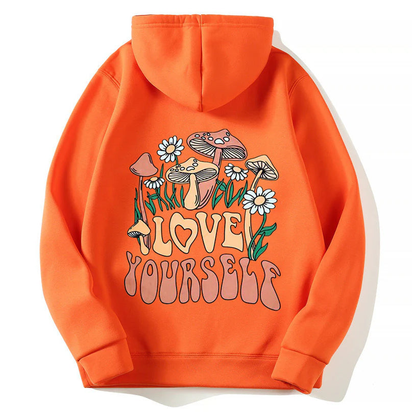 Drop-shoulder Sleeve Letters LOVE YOURSELF Hooded Fleece Sweatshirt