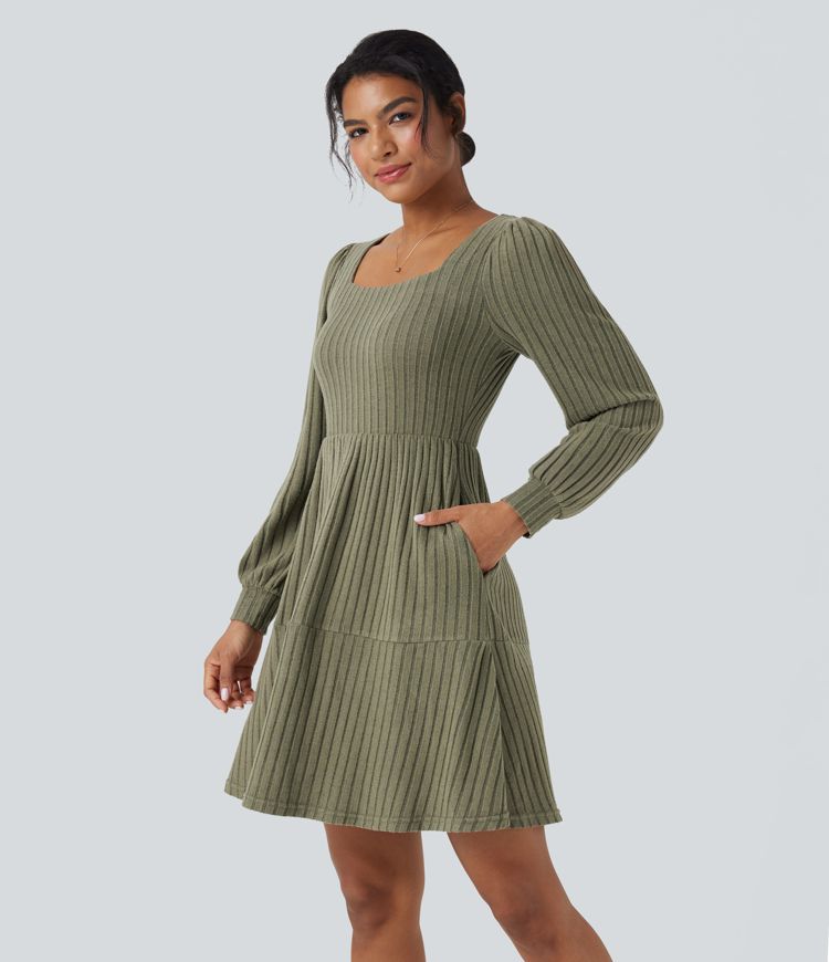 Comfy Chic Ribbed Knit Stand Collar Long Sleeve Mini Dress - Versatile Style