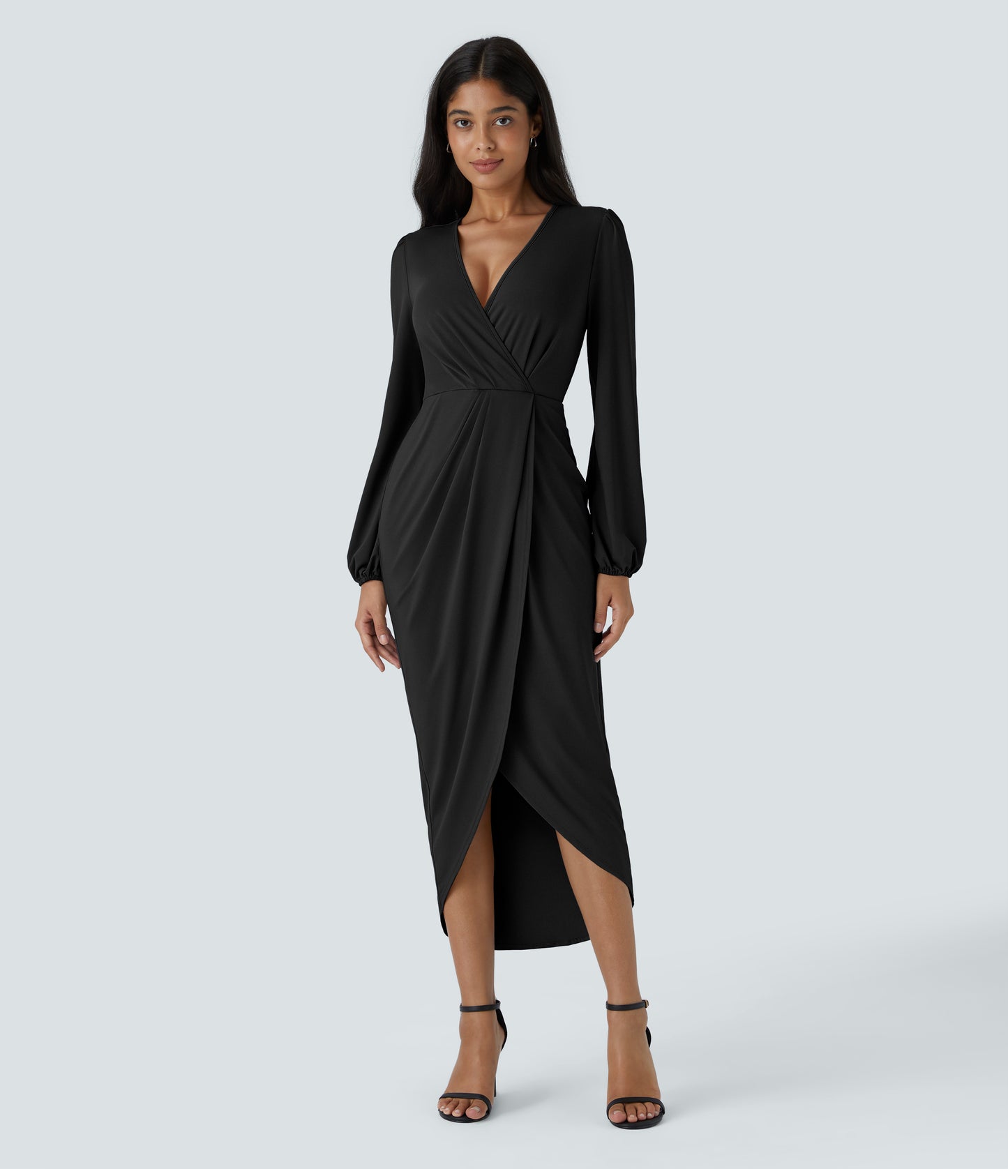 Halara Women's Elegant V-Neck Long Sleeve Tulip Hem Midi Party Dress