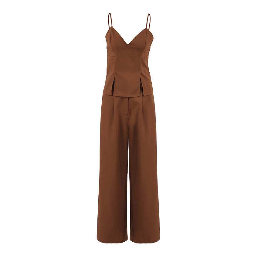 Brown Sleeveless V-neck Brace Split Vest Trousers Suit
