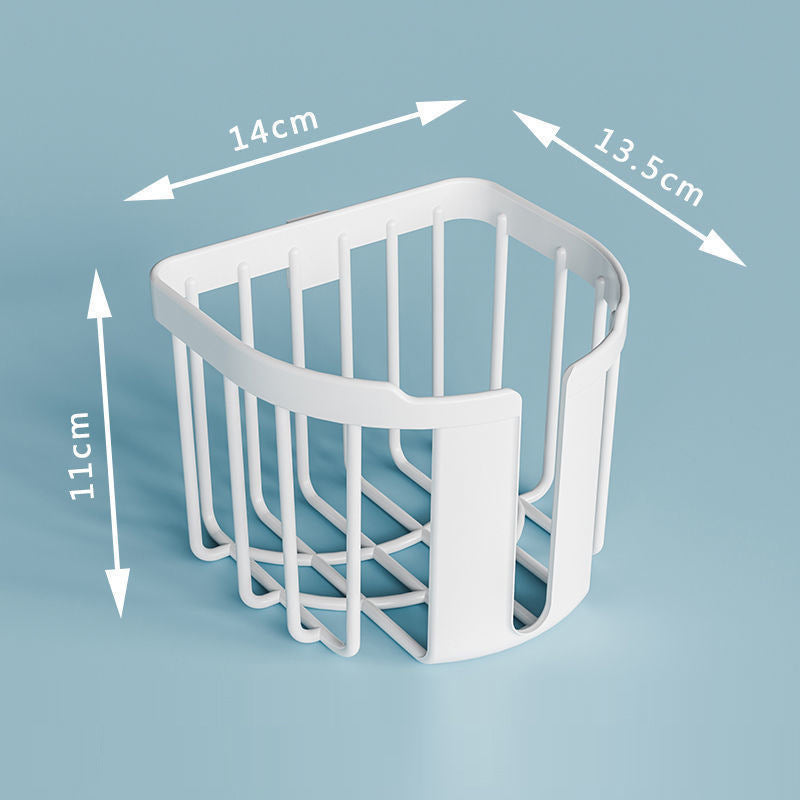 Wall-mounted bathroom tissue storage showing strong adhesive system and drainage slots