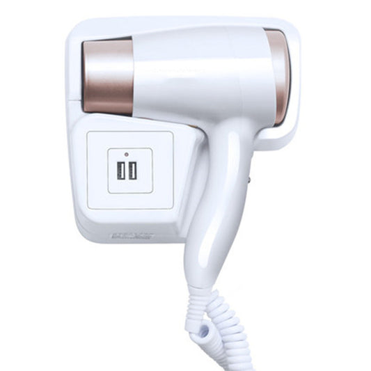Wall-mounted bathroom hair dryer holder with modern white finish and easy-access design