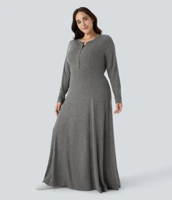 Ribbed Boat Neck Ruched Side Pocket Flowy Maxi Casual Plus Size Dress