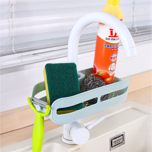 Adjustable faucet-mounted sink organizer featuring snap-on design for kitchen and bathroom storage solutions