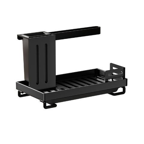 Adhesive-mounted kitchen organizer demonstrating versatile storage with built-in cloth drying rack