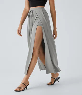 Breezeful Women's High-Waisted Tie-Front Split Flowy 2-in-1 Maxi Quick-Dry Skirt