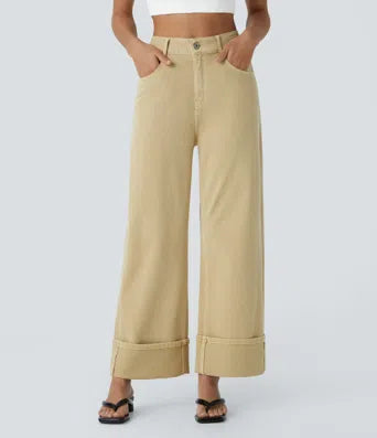 Halara Flex High Waisted Multiple Pockets Rolled Hem Wide Leg Washed Stretchy Knit Casual Jeans