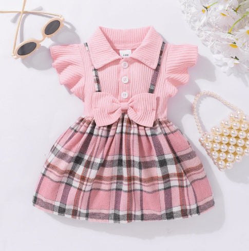 Infant Sunken Stripe Flounced Sleeve Stitching Plaid Dress Headscarf