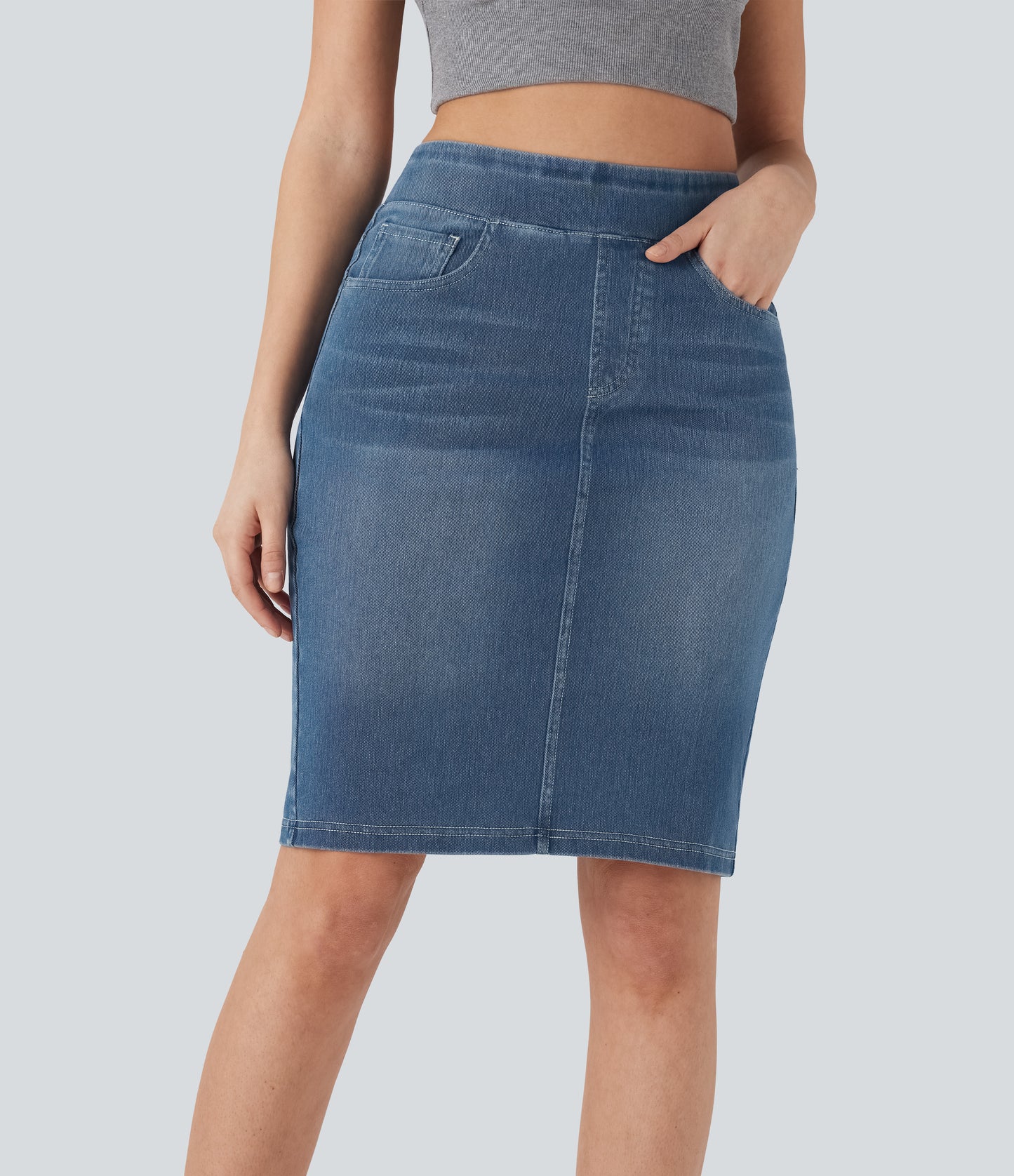 Halara Flex High Waisted Stretchy Knit Denim Midi Skirt with Pockets