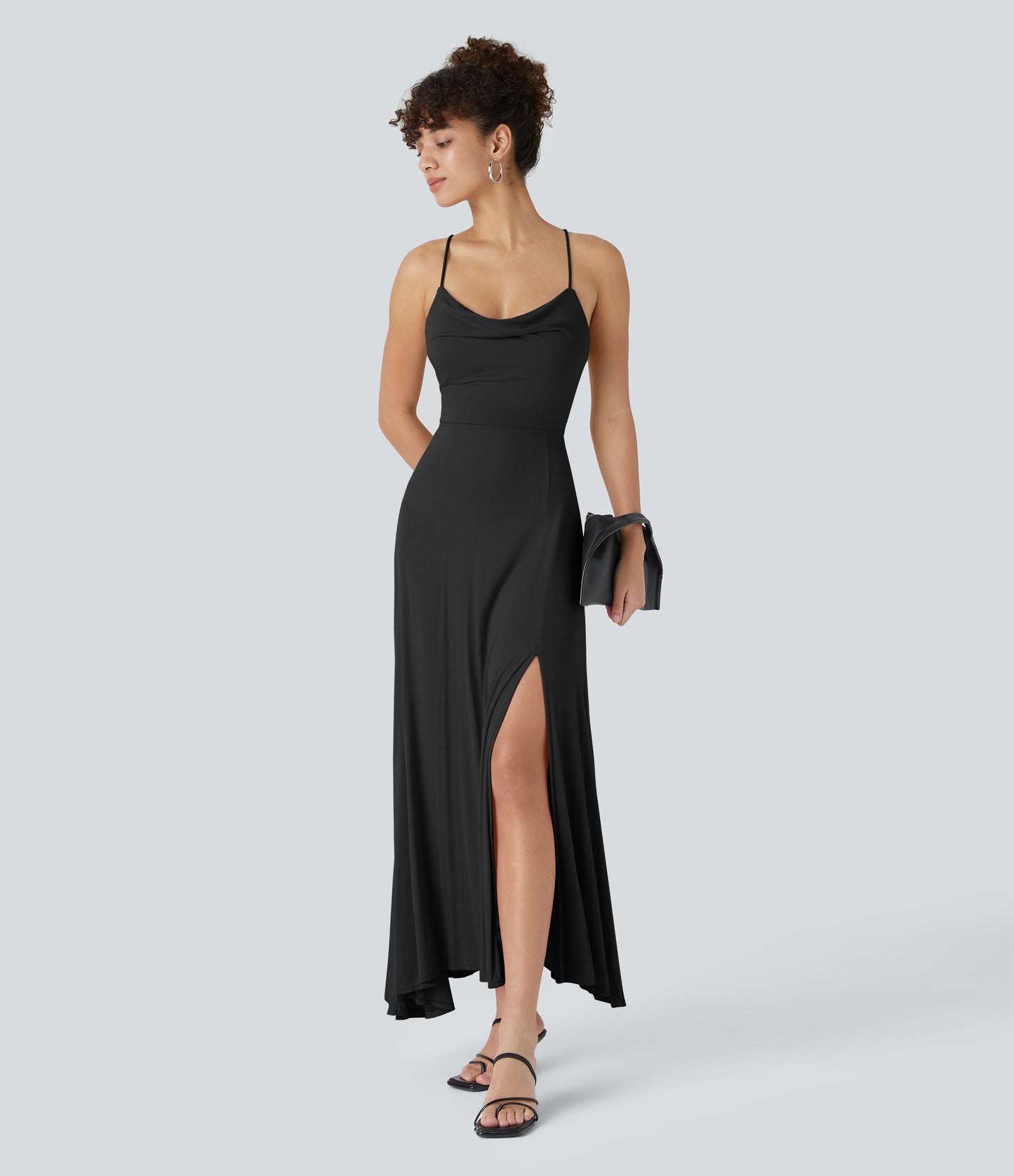 Elegant Ribbed Cowl Neck Backless Crisscross Lace-Up Split Midi Party Dress