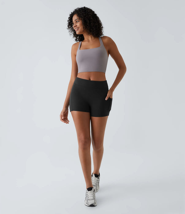 Softlyzero Airy High Waisted Side Pocket Plain Cool Touch Yoga Shorts 3.5"-UPF50+