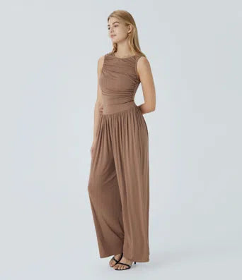 Ribbed Boat Neck Asymmetric Strap Ruched Side Pocket Flowy Maxi Casual Dress