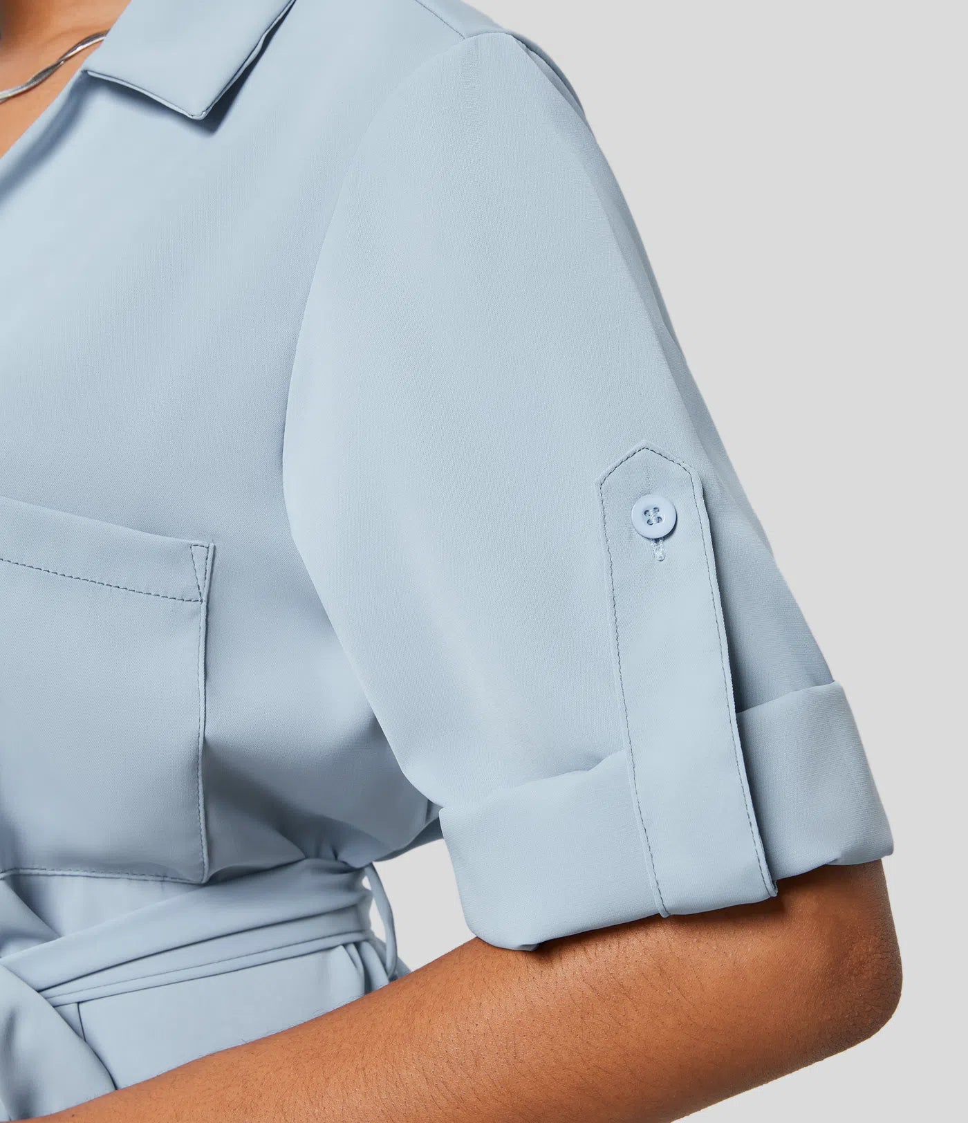 Chic Halara Women's Collared Roll-Up Sleeve Button-Down Belted Relaxed Midi Shirt Dress