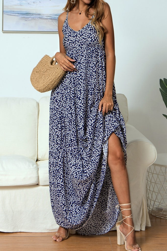 V-neck Dress Maxi Dress With Small Floral Strap