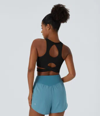 Round Neck Crossover Hem Cut Out Cropped Yoga Sports Top