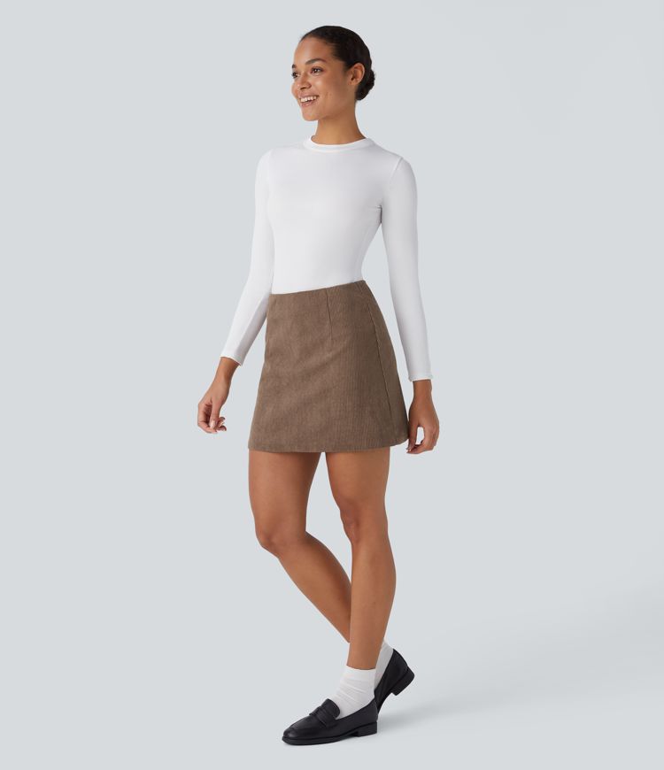 Chic High-Waisted Corduroy Mini Skirt with Invisible Zipper Shorts Lining