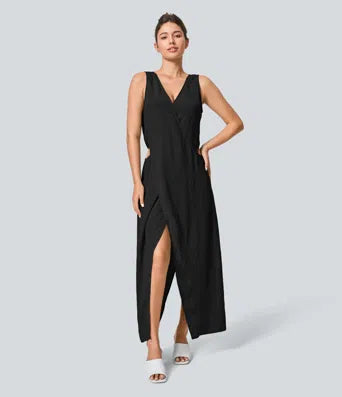 V Neck Sleeveless Cut Out Split Maxi Casual Linen-Feel Dress