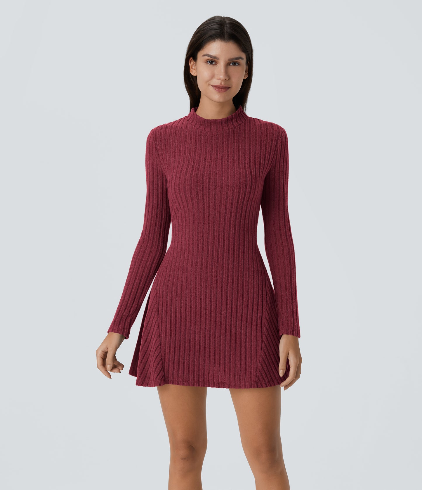 Comfy Chic Ribbed Knit Stand Collar Long Sleeve Mini Dress - Versatile Style
