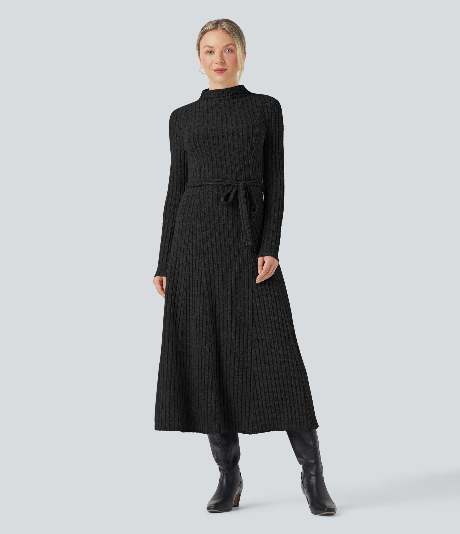 Women's Ribbed Knit Mock Neck Long Sleeve Belted Casual Maxi Dress