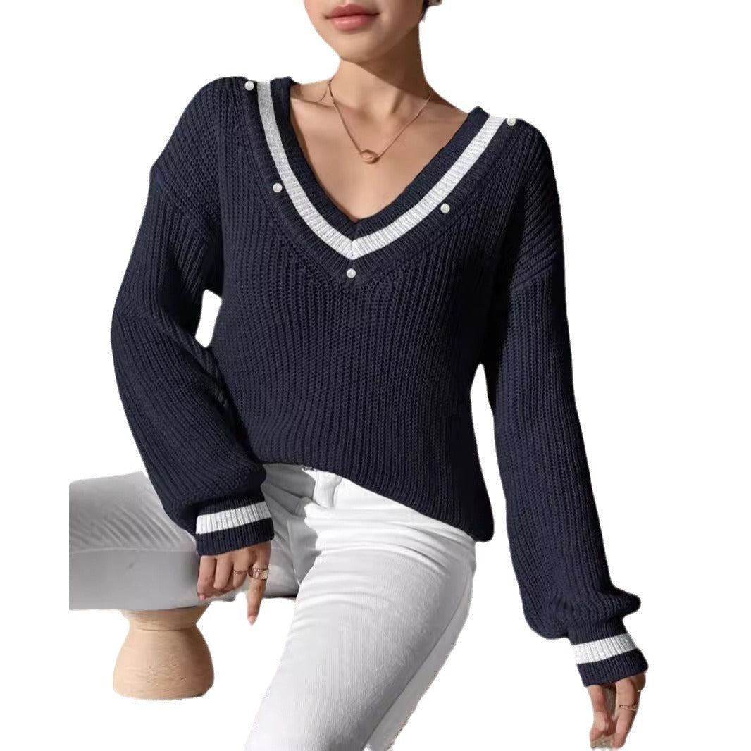 Deep V-neck Off-shoulder Handmade Pearl Decorative Contrast Color Knitted Pullover Sweater