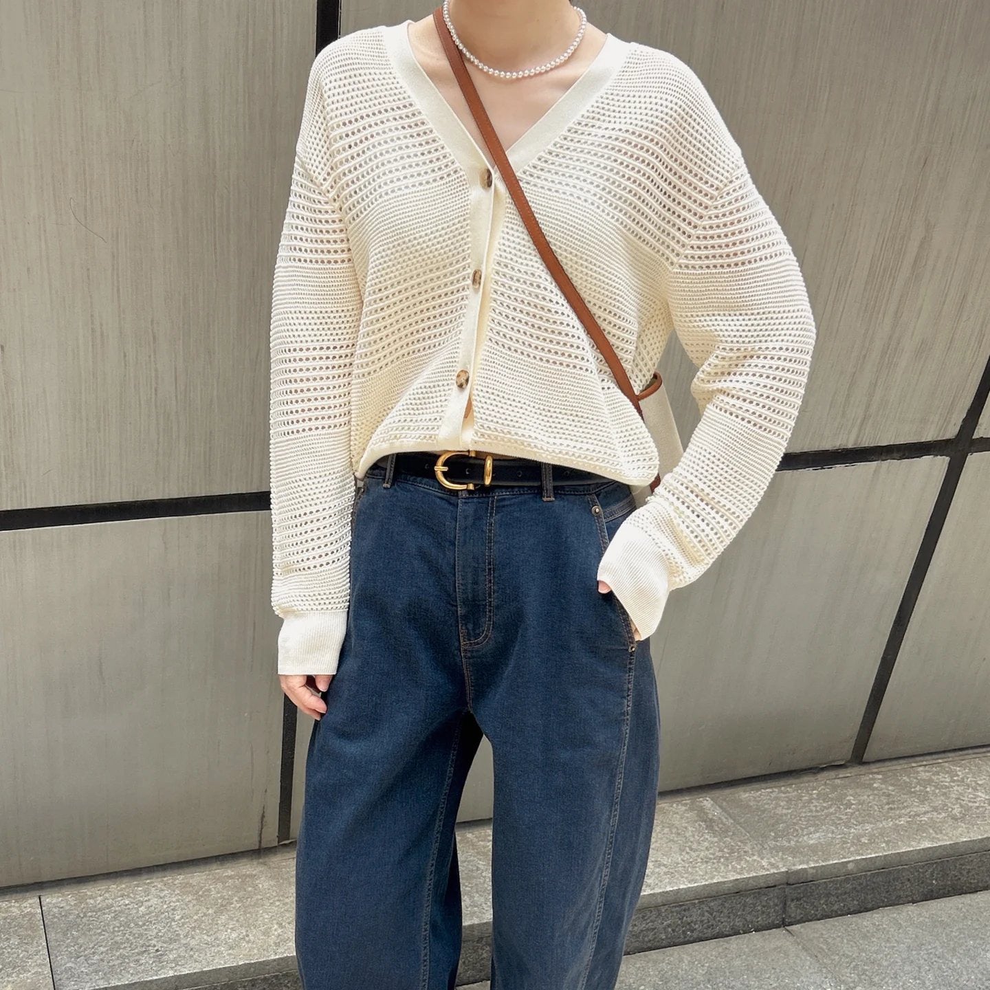 White Dignified Hollow Cardigan Outer Wear Sweater