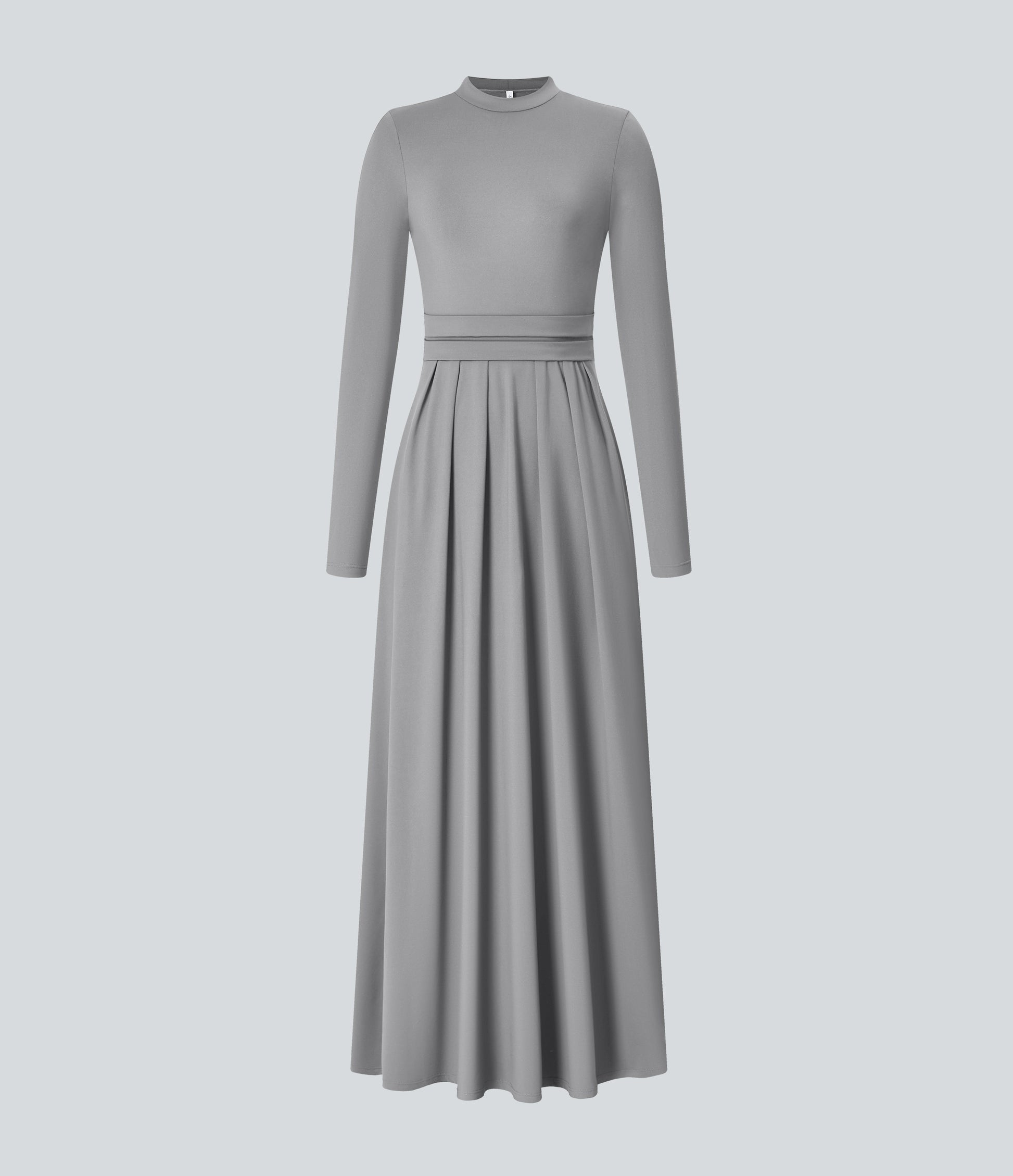Elegant Mock-neck Long Sleeve Flare Maxi Dress with Convenient Side Pockets