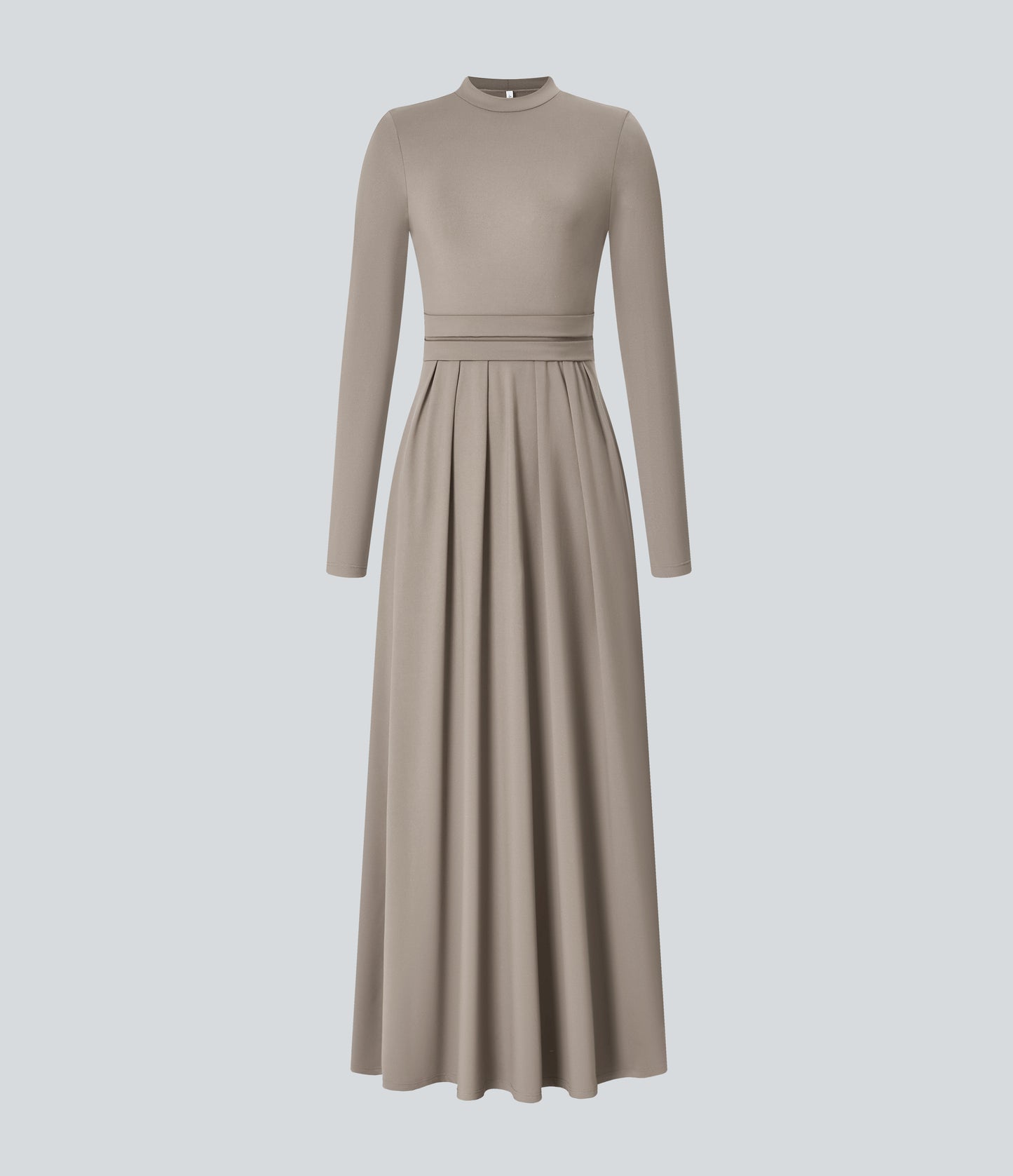 Elegant Mock-neck Long Sleeve Flare Maxi Dress with Convenient Side Pockets