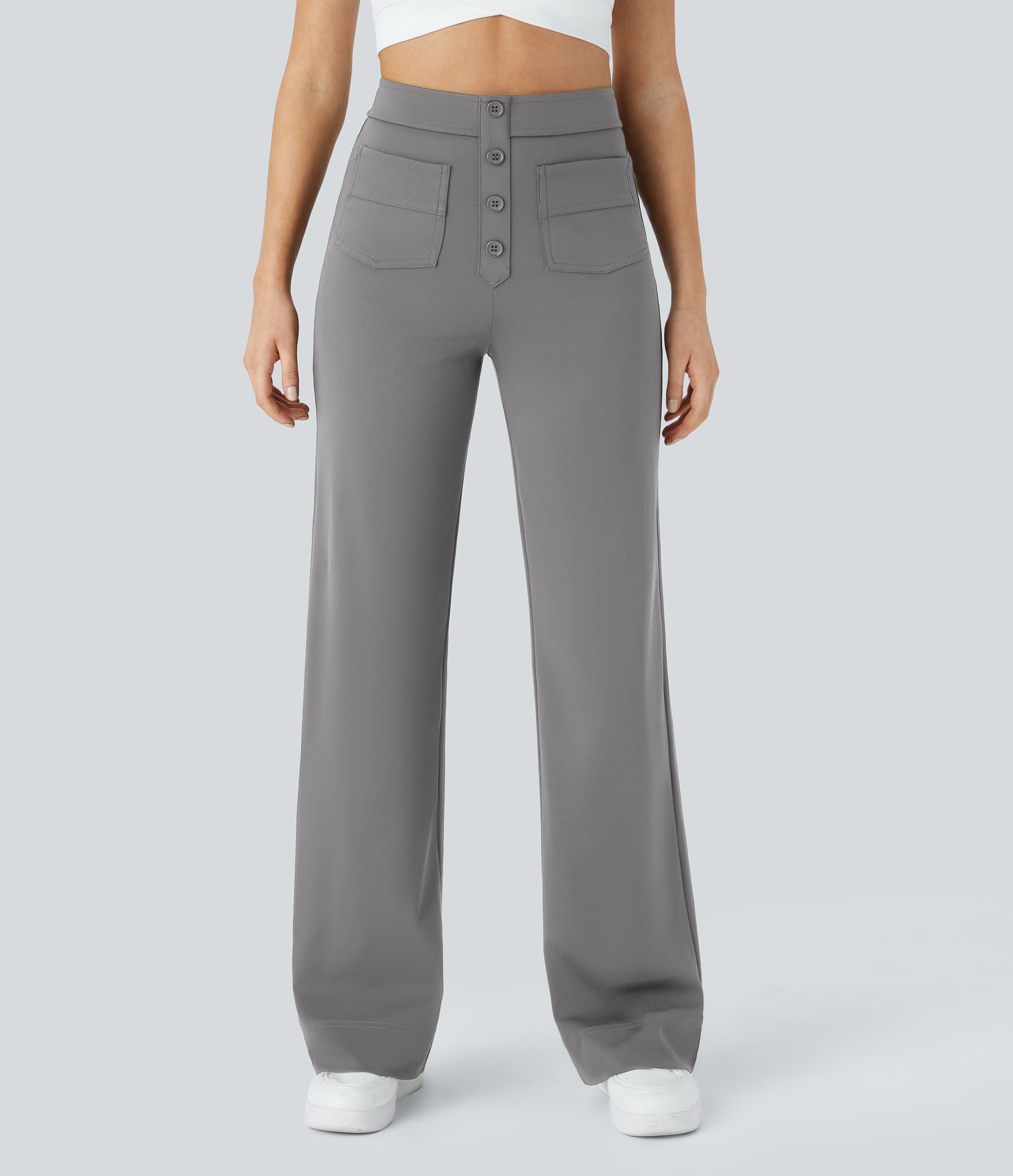 Halara High Waisted Button Straight Leg Casual Pants with Multiple Pockets