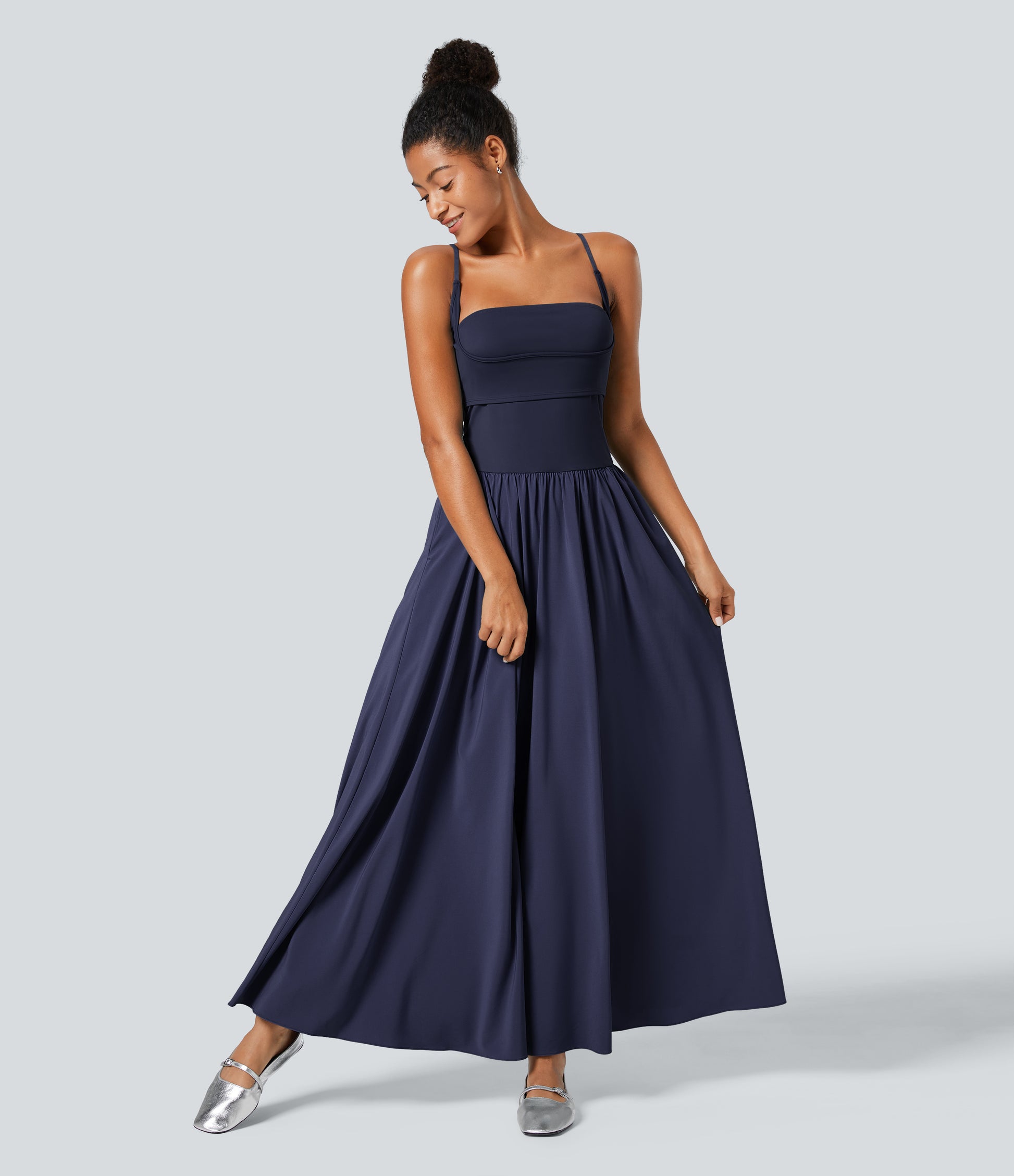 Breezeful Backless Side Pocket Flowy Flare Maxi Quick Dry Casual Slip Dress