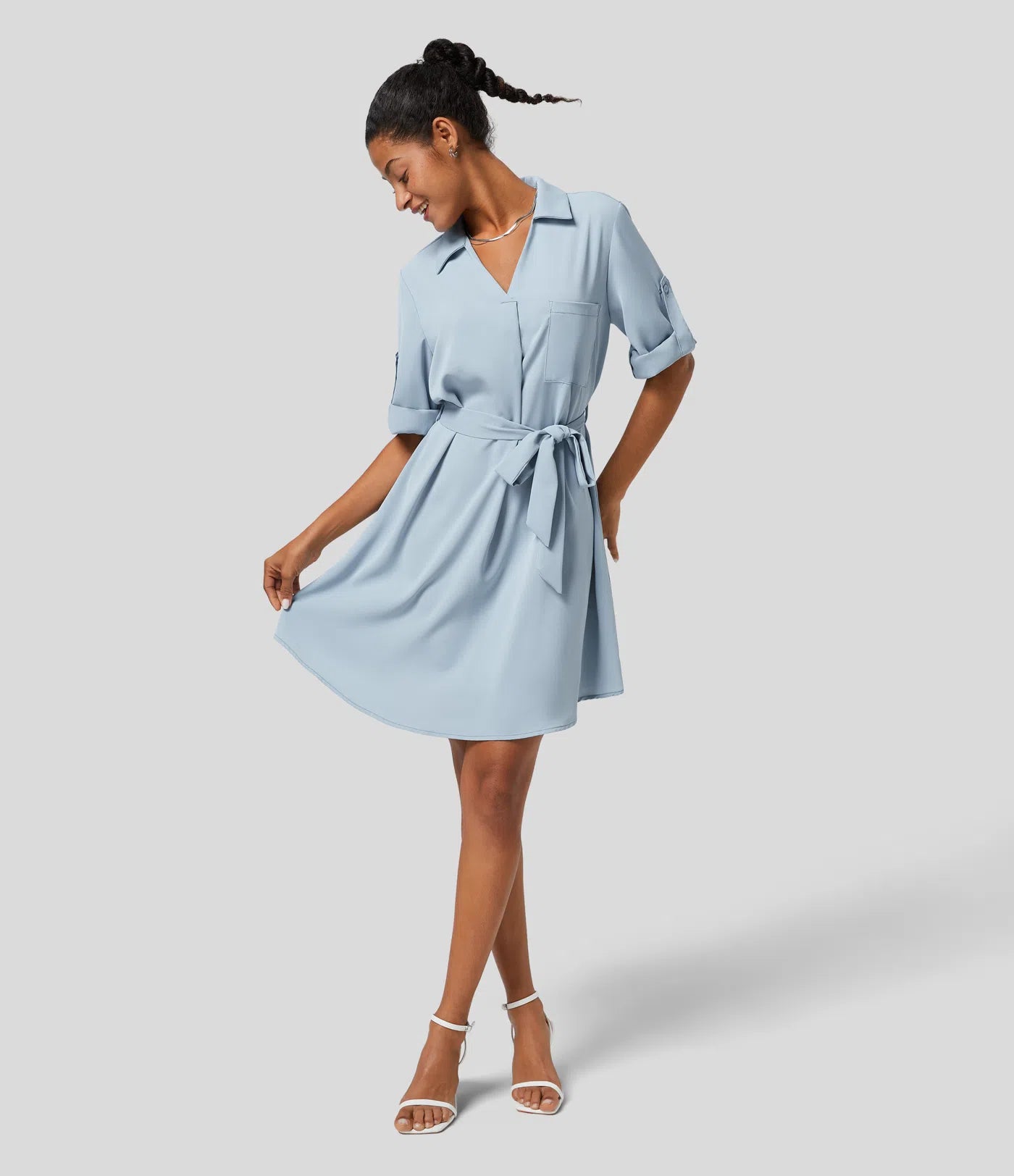 Chic Halara Women's Collared Roll-Up Sleeve Button-Down Belted Relaxed Midi Shirt Dress