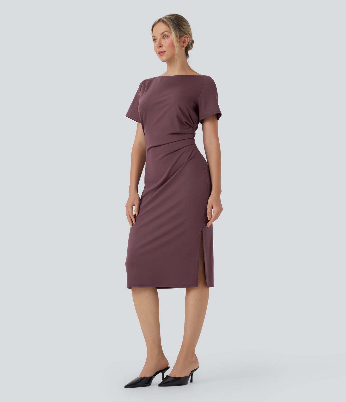 Chic Short Sleeve Ruched Bodycon Midi Work Dress for Women - Comfortable & Stylish