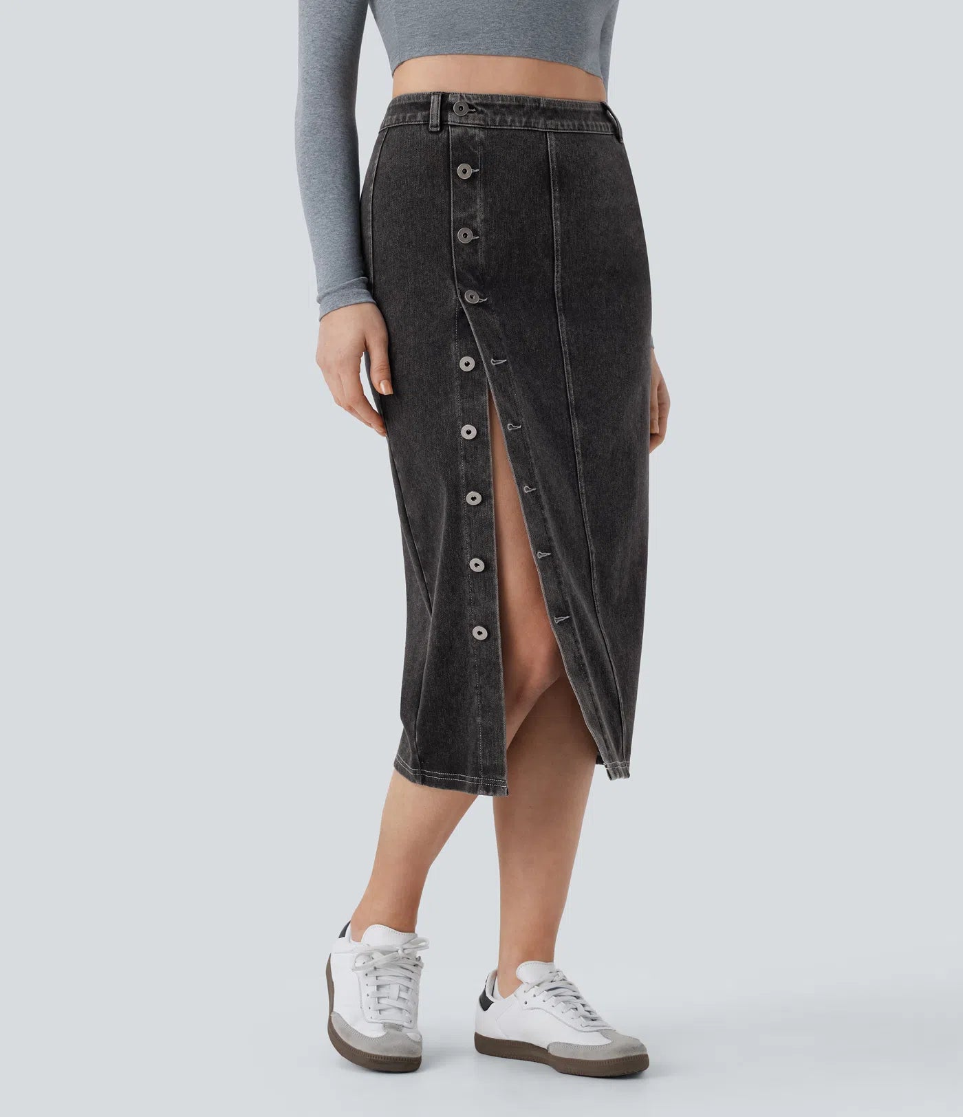 Halara Flex High-Waisted Stretchy Knit Denim Midi Skirt with Front Buttons