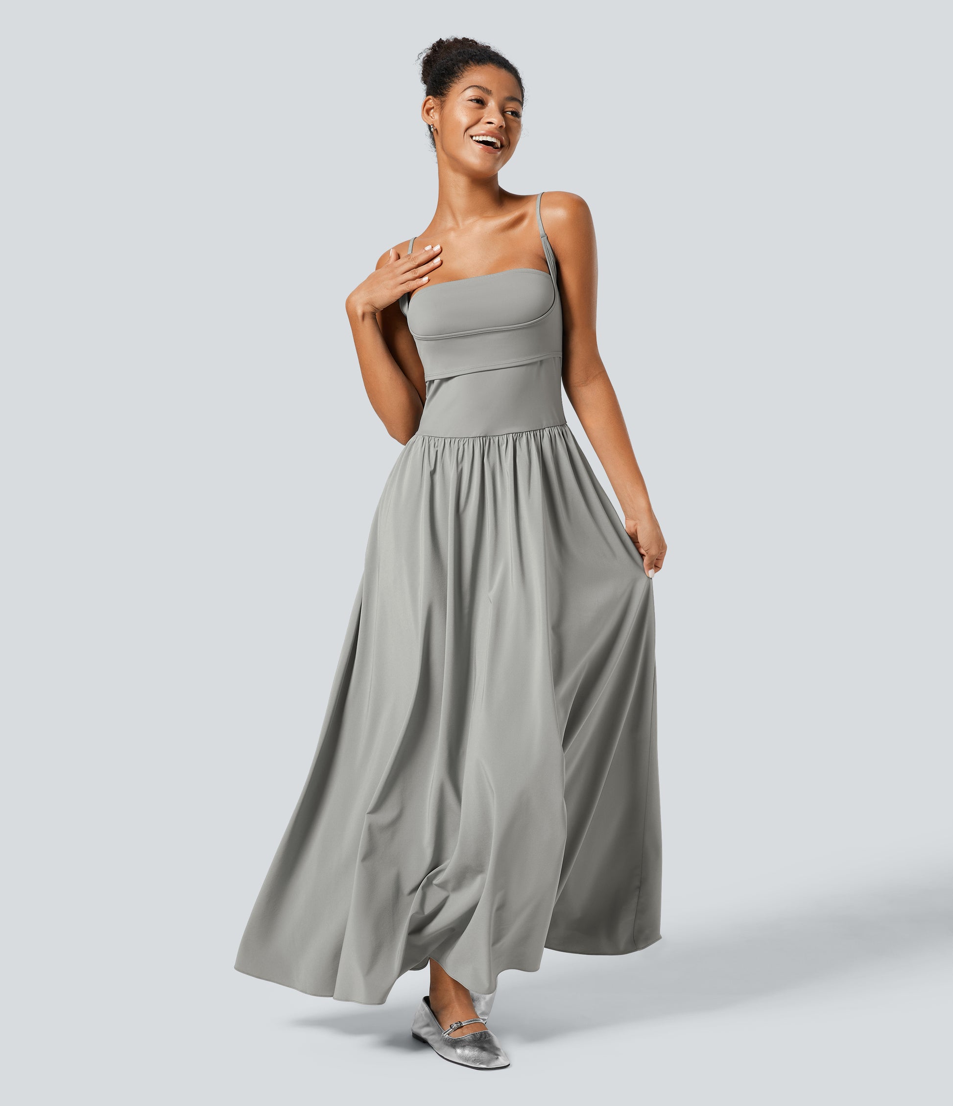 Breezeful Backless Side Pocket Flowy Flare Maxi Quick Dry Casual Slip Dress