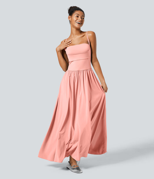 Breezeful Backless Side Pocket Flowy Flare Maxi Quick Dry Casual Slip Dress