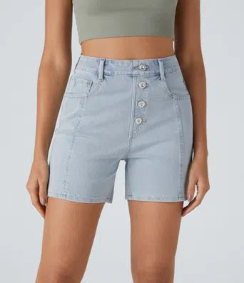 Halara Flex High Waisted Decorative Button Multiple Pockets Stretchy Knit Denim Casual Shorts