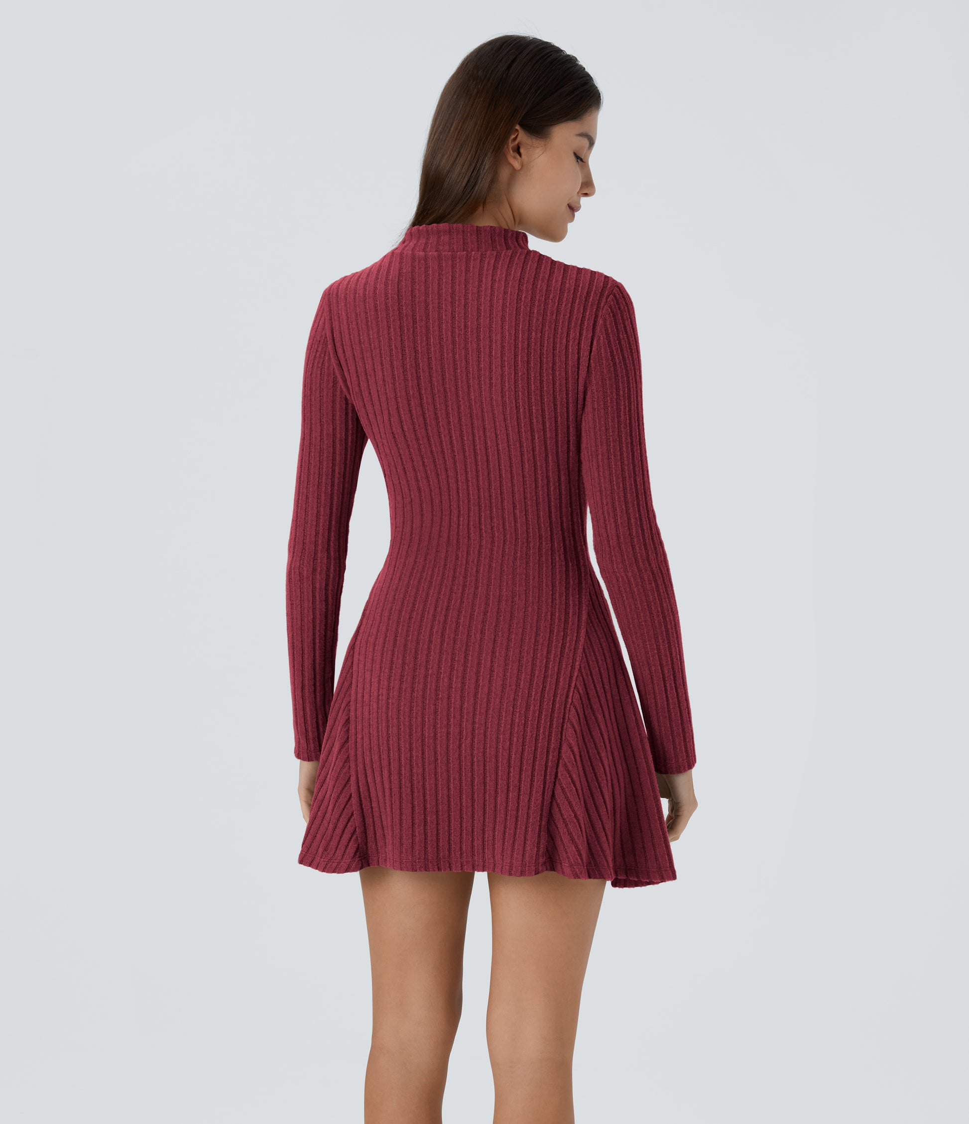 Soft Ribbed Knit Stand Collar Long Sleeve Mini Dress Cozy Everyday Versatile Style