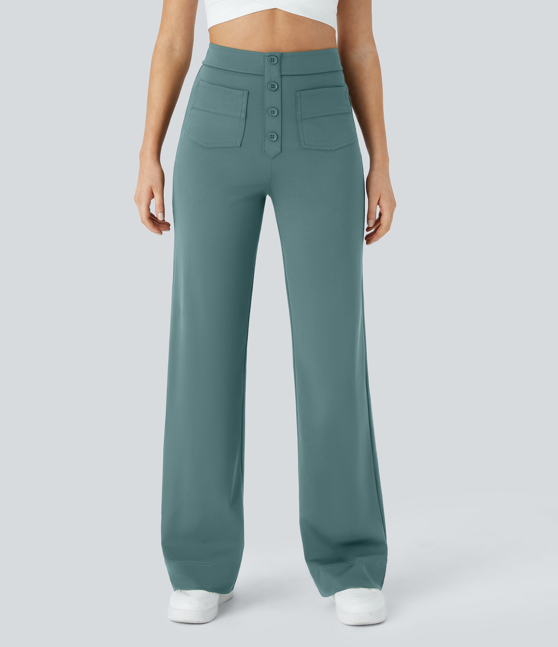 Halara High Waisted Button Straight Leg Casual Pants with Multiple Pockets