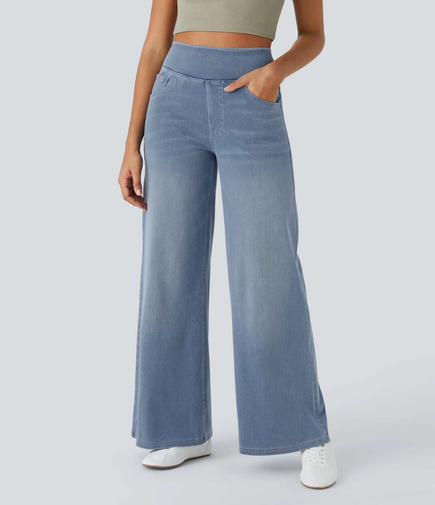 Halara Flex High Waisted Multiple Pockets Wide Leg Washed Stretchy Knit Casual Jeans