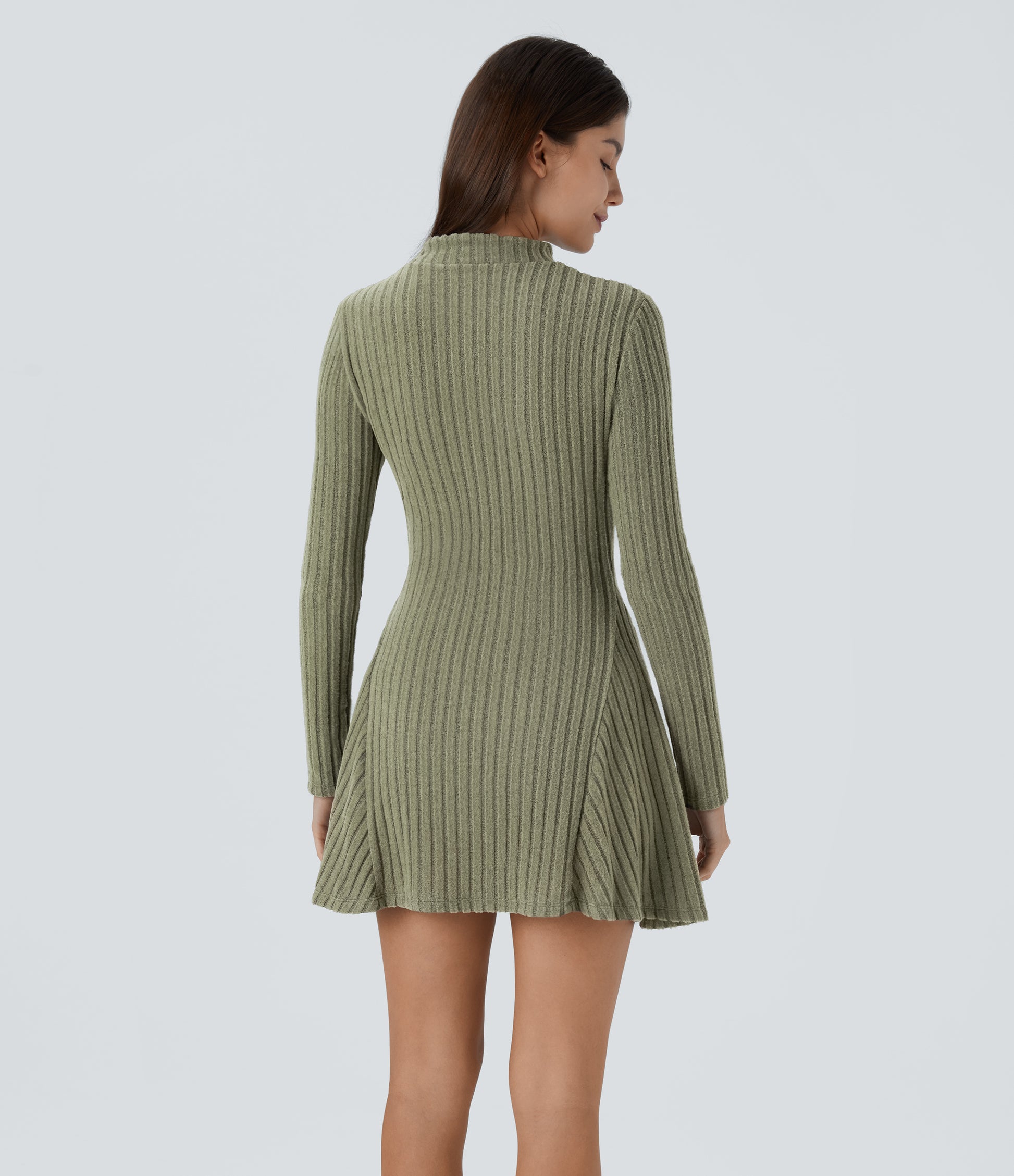 Soft Ribbed Knit Stand Collar Long Sleeve Mini Dress Cozy Everyday Versatile Style