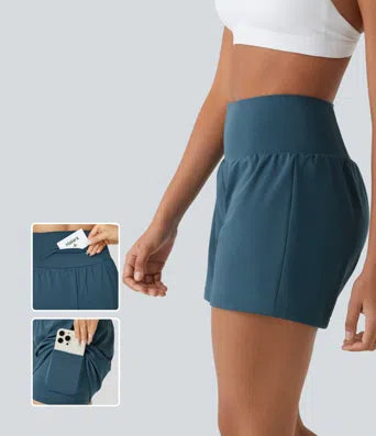 Super High Waisted Back Pocket & Side Hidden Pocket 2-in-1 Yoga Shorts 5''-Longer Length