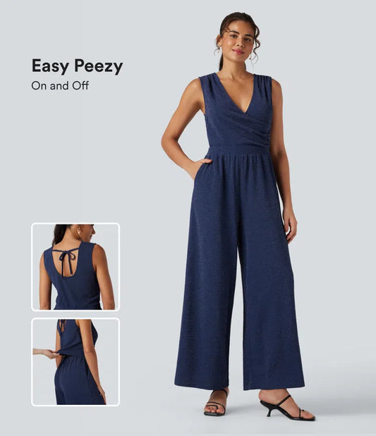 Women's Chic Sleeveless Metallic Jumpsuit with Pockets and Tie Back