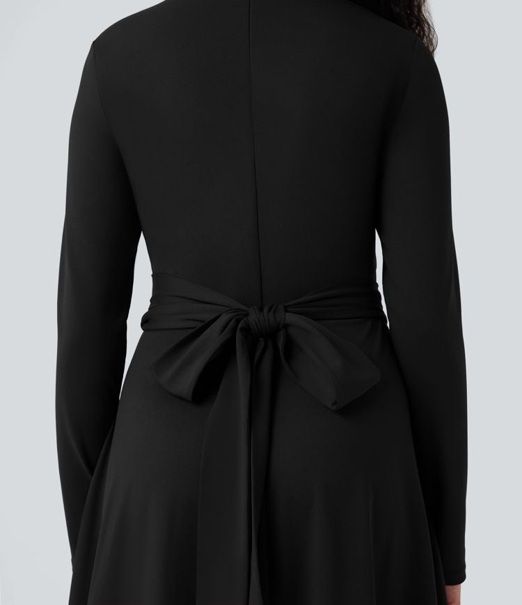 Chic Cut Out Long Sleeve Tie Back Midi Dress - Modern Style & Pockets