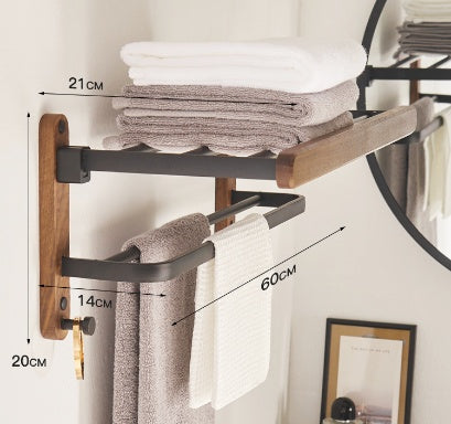 Multi-functional solid wood bathroom storage solution featuring shelving and towel rack without wall perforation